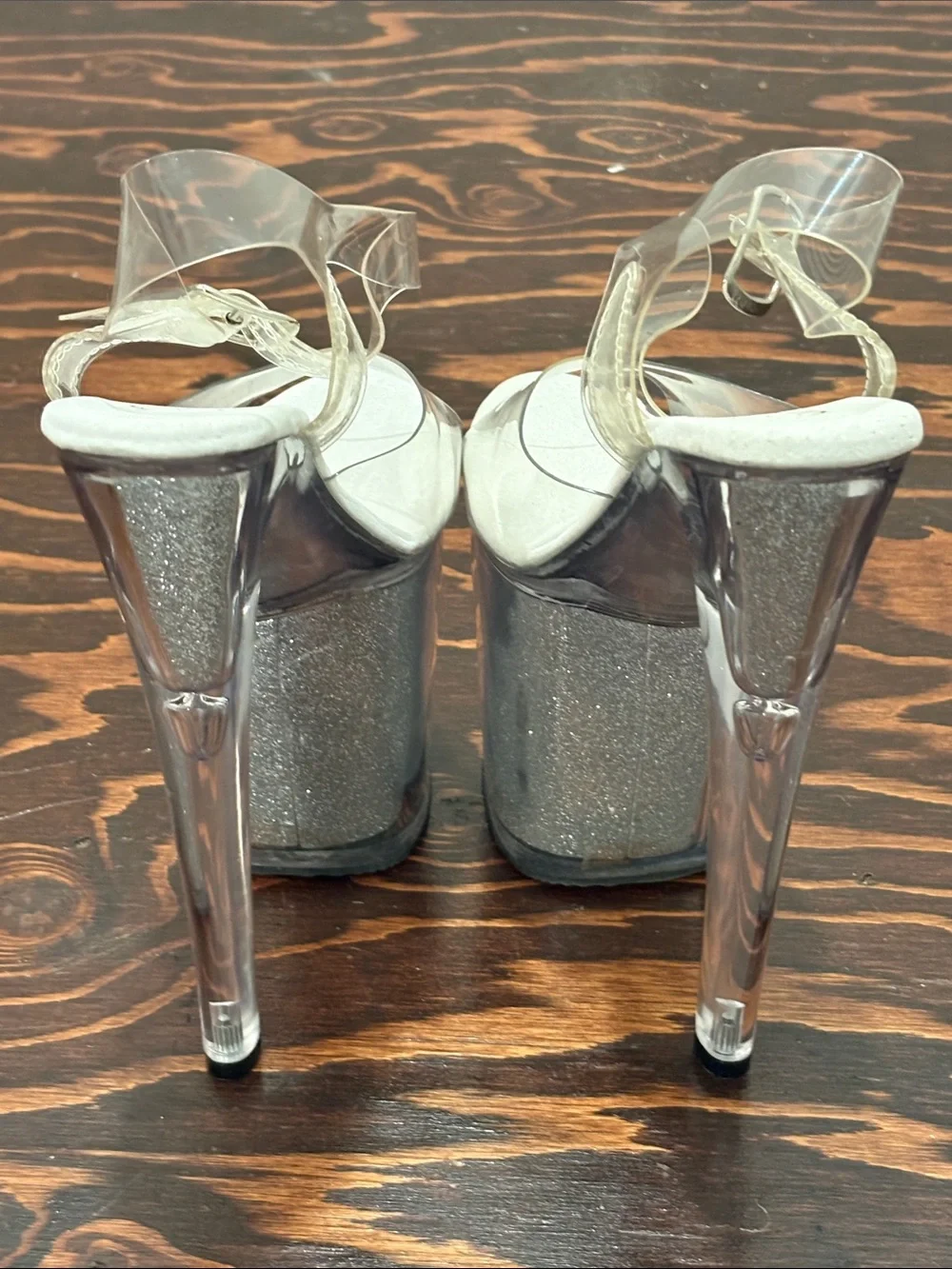 Pleasers 8” Clear Strap Silver Glitter Platform Heels